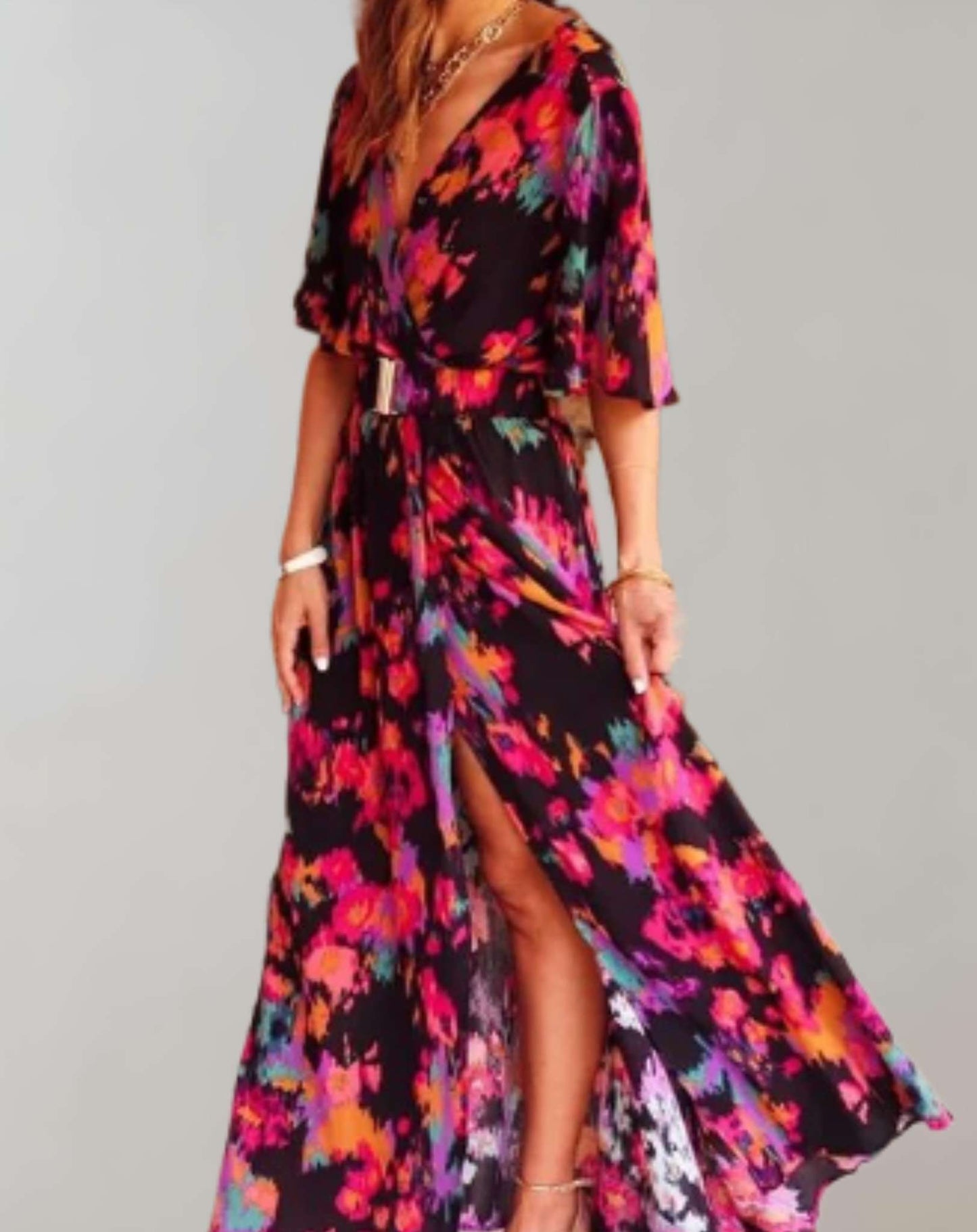 Vestido holgado clásico para mujer con abertura y estampado floral | Ideal para primavera/verano