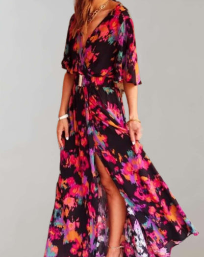 Vestido holgado clásico para mujer con abertura y estampado floral | Ideal para primavera/verano