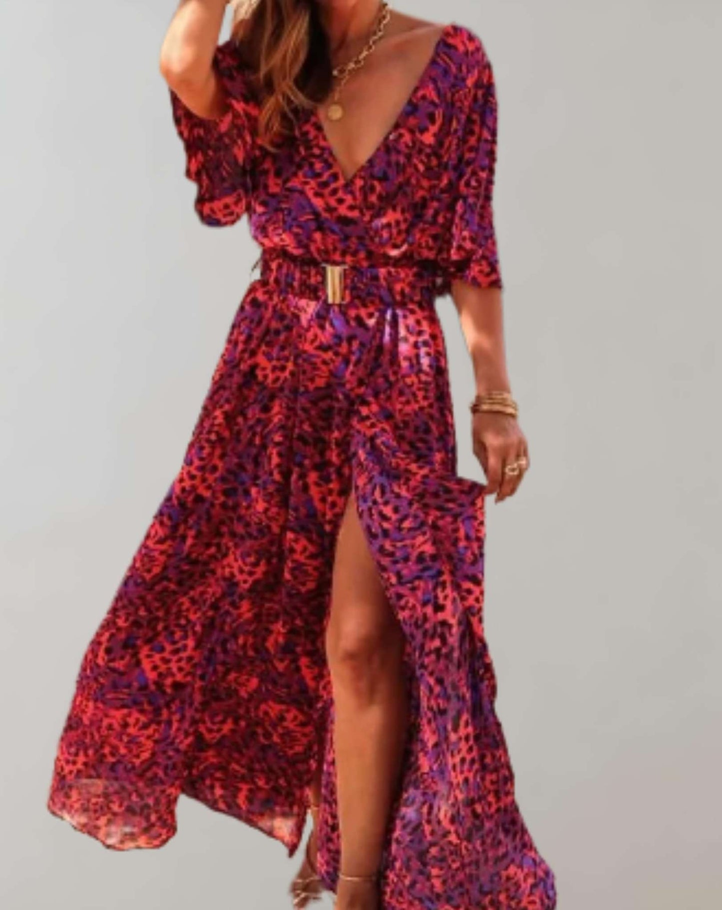 Vestido holgado clásico para mujer con abertura y estampado floral | Ideal para primavera/verano