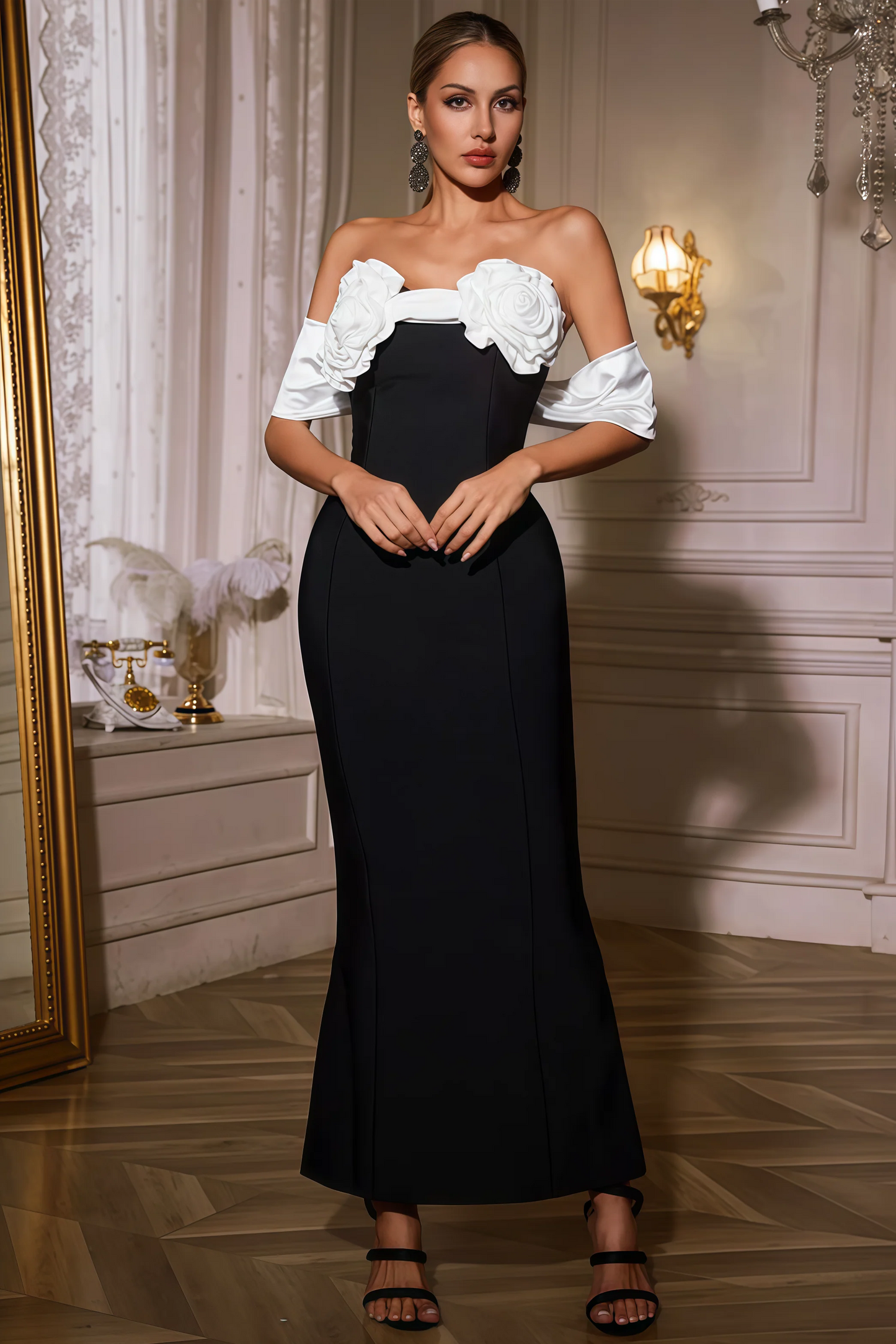 Hattilk Strapless Flower Bow Bandage Maxi Dress