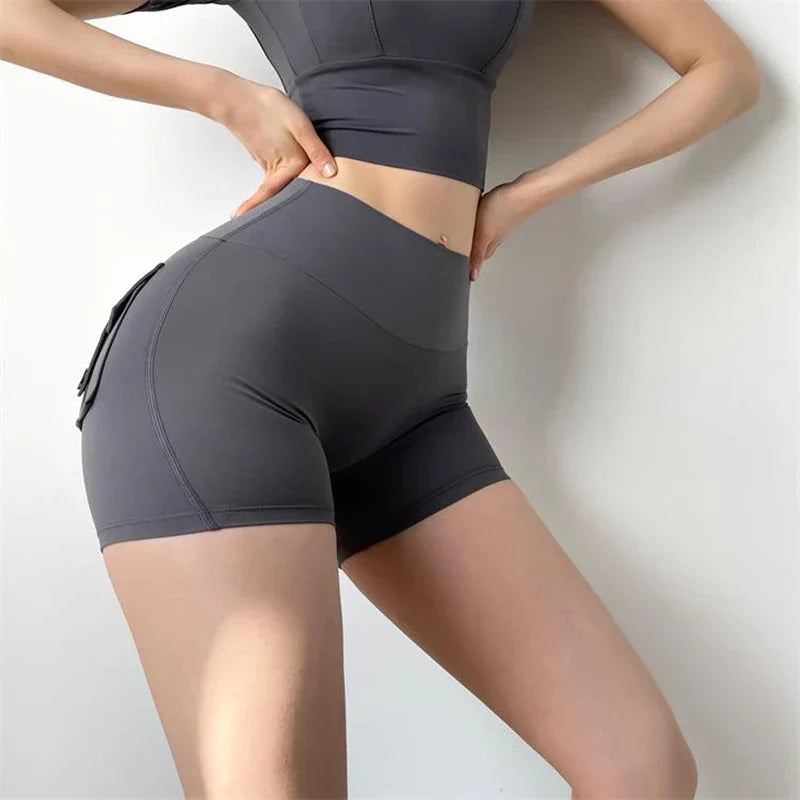 Feeling Fabric Pocket Women High-Waisted High Stretch Elastic Push Up Sports Short