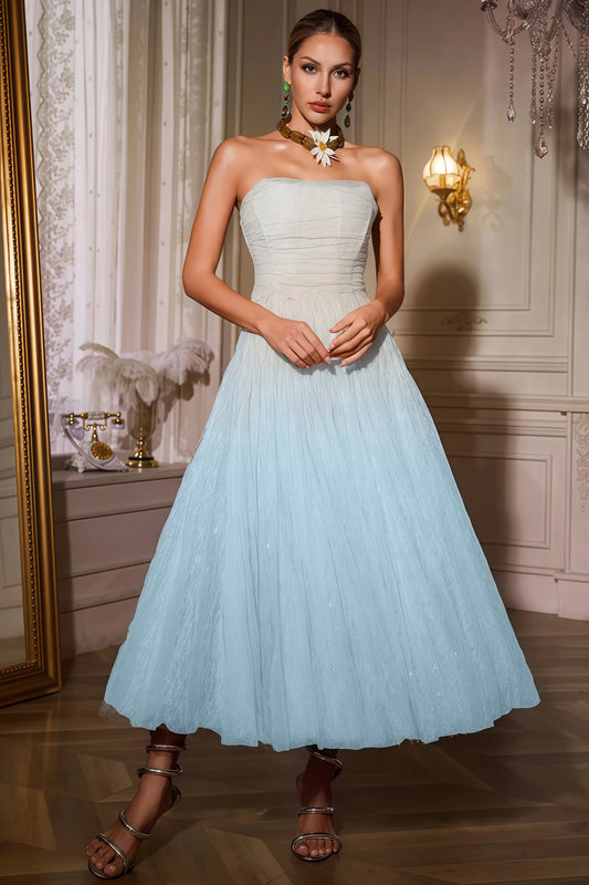 Sorirt Blue Strapless Ruched Mesh Midi Dress