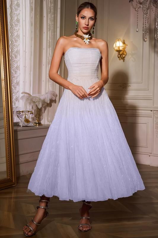 Perikt Purple Strapless Ruched Mesh Midi Dress