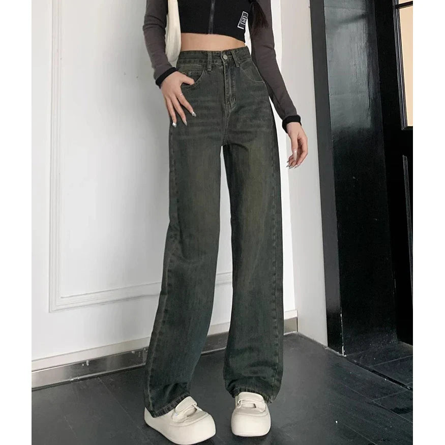 Female 2025 New Spring Cement Grey High Waist Thin Small Wide-Legged Trousers Jeans
