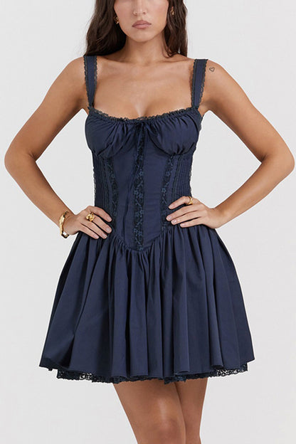 White Lace Stitching Strappy Ruched Cami Dress