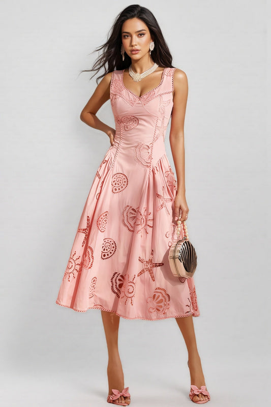 Lukea Pink Embroidered Openwork Midi Dress