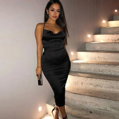 Satin Lace Up Pink Backless Midi Dress