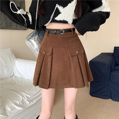FashionSierra - New Autumn Winter Corduroy Womens Vintage Buttons High Wasit A-line Mini Pleated Korean Woman Short Skirt