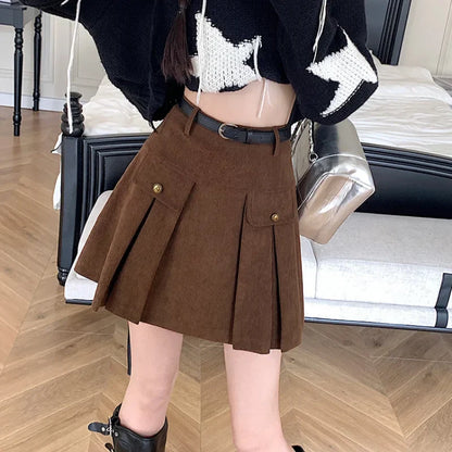 FashionSierra - New Autumn Winter Corduroy Womens Vintage Buttons High Wasit A-line Mini Pleated Korean Woman Short Skirt