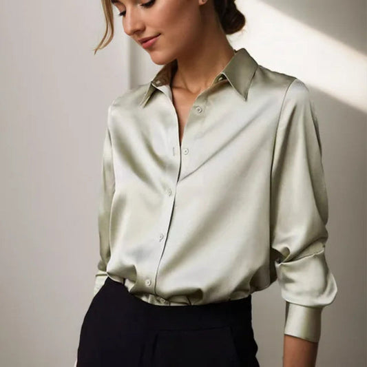 Blusa elegante de satén de manga larga con cuello para mujer | Ideal para primavera/verano