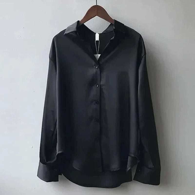 Blusa elegante de satén de manga larga con cuello para mujer | Ideal para primavera/verano