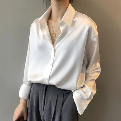 Blusa elegante de satén de manga larga con cuello para mujer | Ideal para primavera/verano
