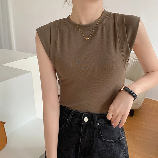 2025 Summer Sleeveless T-shirt Women Round Collar Solid Color Tank Top