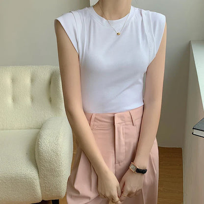 2025 Summer Sleeveless T-shirt Women Round Collar Solid Color Tank Top