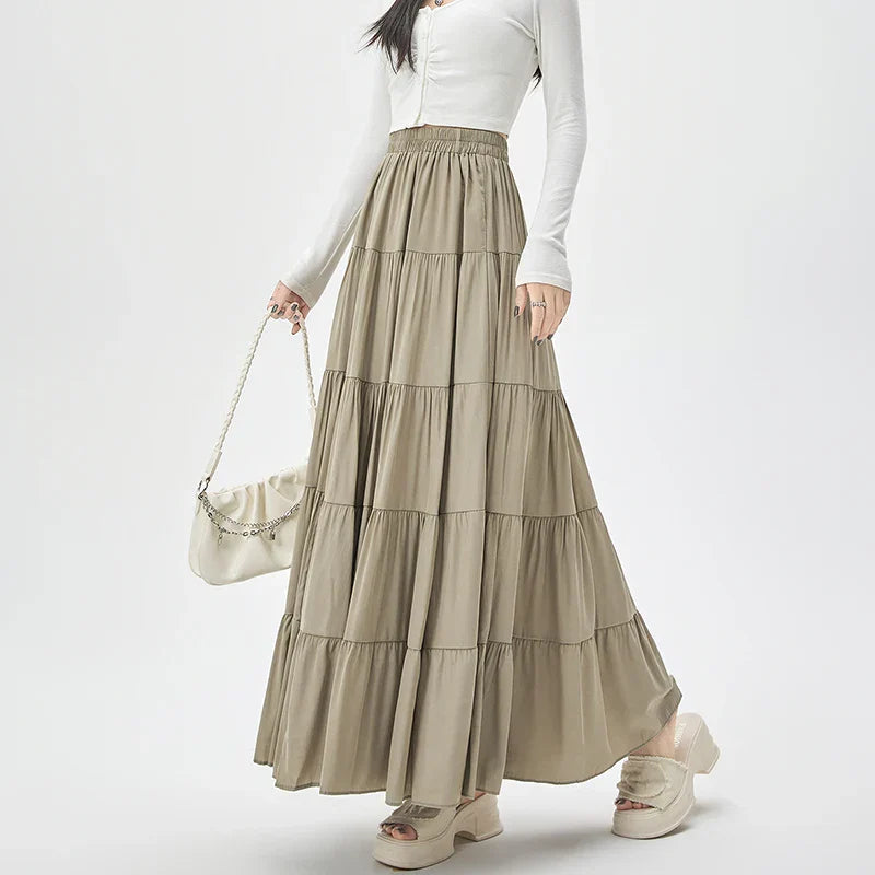FashionSierra - New Fashion Women Layered 2025 Spring Summer High Waist A-line Long Ladies Holiday Style Casual Loose Skirt