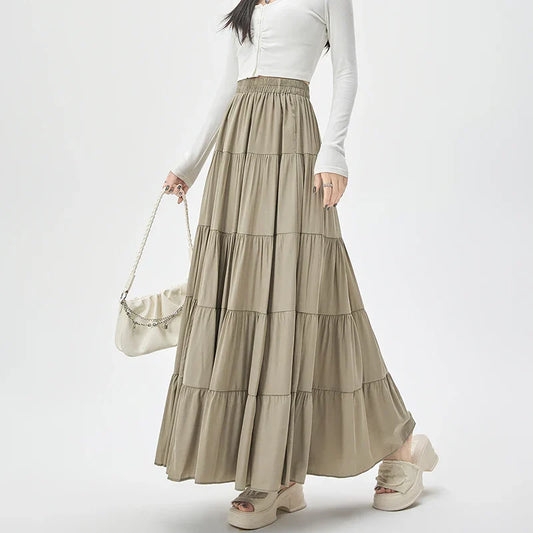FashionSierra - New Fashion Women Layered 2025 Spring Summer High Waist A-line Long Ladies Holiday Style Casual Loose Skirt