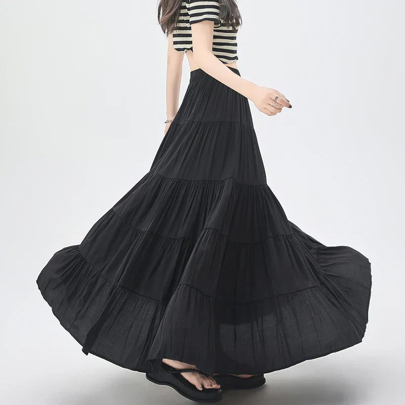 FashionSierra - New Fashion Women Layered 2025 Spring Summer High Waist A-line Long Ladies Holiday Style Casual Loose Skirt