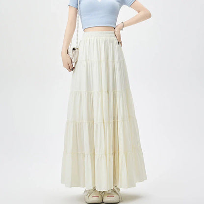 FashionSierra - New Fashion Women Layered 2025 Spring Summer High Waist A-line Long Ladies Holiday Style Casual Loose Skirt