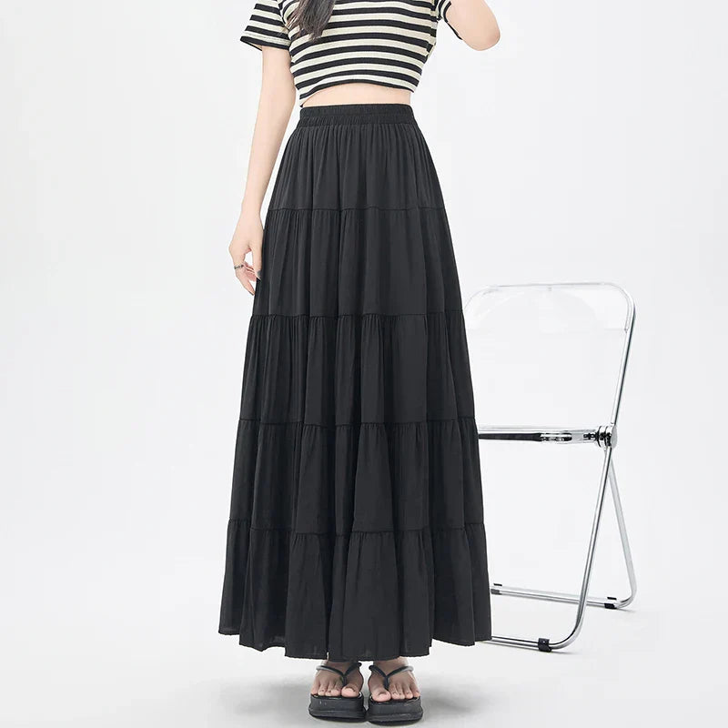 FashionSierra - New Fashion Women Layered 2025 Spring Summer High Waist A-line Long Ladies Holiday Style Casual Loose Skirt