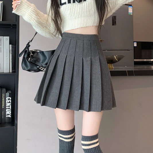 FashionSierra - New Korean Preppy Style Mini Pleated Women 2025 New High Waist Woolen Autumn Winter Casual Wool Skirt