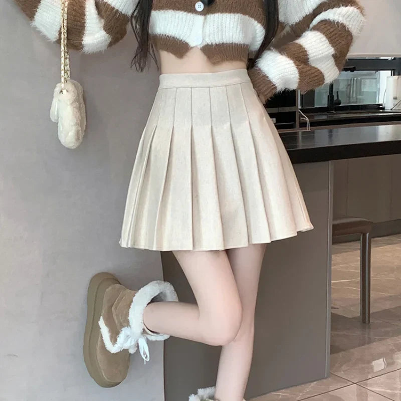 FashionSierra - New Korean Preppy Style Mini Pleated Women 2025 New High Waist Woolen Autumn Winter Casual Wool Skirt