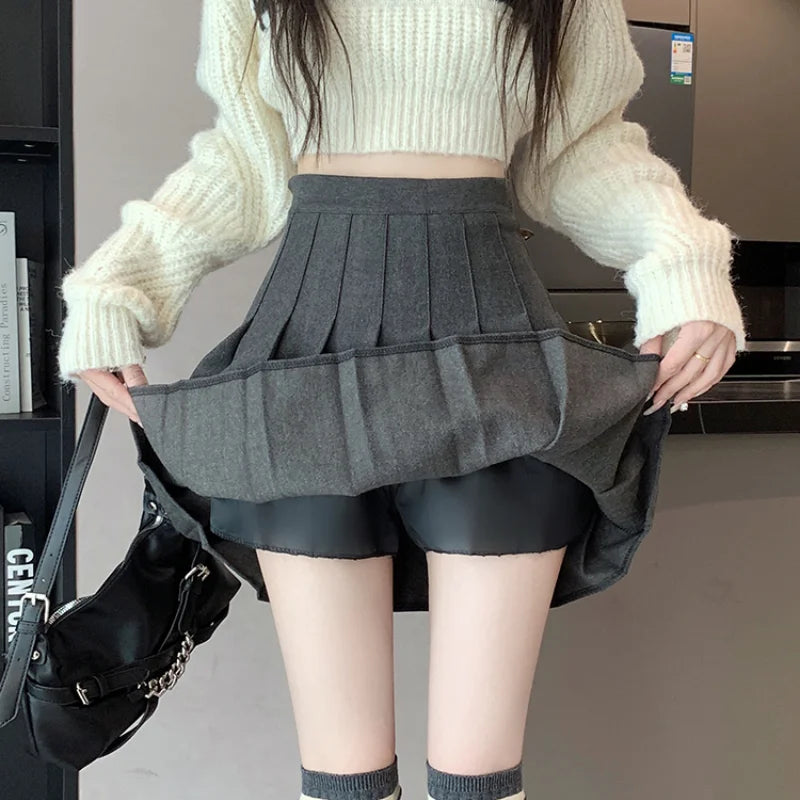 FashionSierra - New Korean Preppy Style Mini Pleated Women 2025 New High Waist Woolen Autumn Winter Casual Wool Skirt