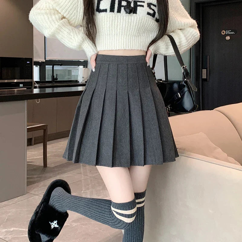 FashionSierra - New Korean Preppy Style Mini Pleated Women 2025 New High Waist Woolen Autumn Winter Casual Wool Skirt