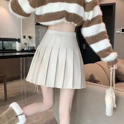 FashionSierra - New Korean Preppy Style Mini Pleated Women 2025 New High Waist Woolen Autumn Winter Casual Wool Skirt