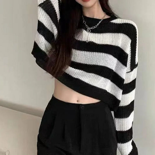 FashionSierra - New Korean Style Cropped Vintage Oversize Knit Jumper Autumn Long Sleeve O-neck Pullover Sweater