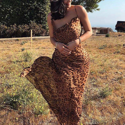 New Leopard Print Sexy See-Through Suspender Dress Fashion Backless Sleeveless Long Dresses High Waist Lace-Up Evening Dress