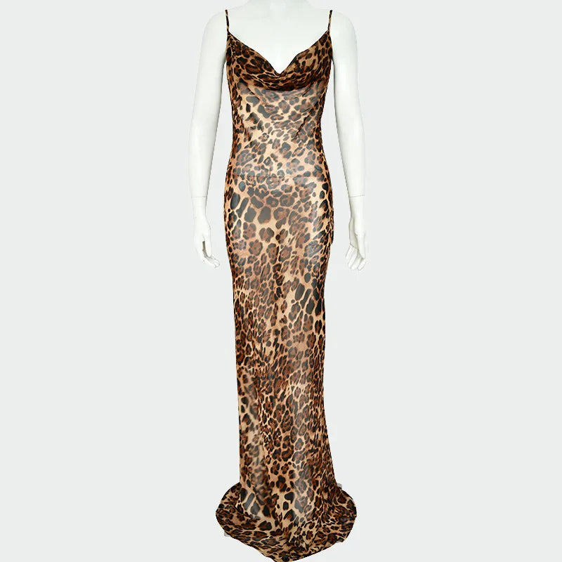 New Leopard Print Sexy See-Through Suspender Dress Fashion Backless Sleeveless Long Dresses High Waist Lace-Up Evening Dress