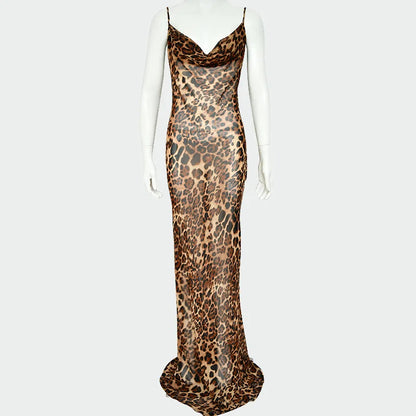New Leopard Print Sexy See-Through Suspender Dress Fashion Backless Sleeveless Long Dresses High Waist Lace-Up Evening Dress
