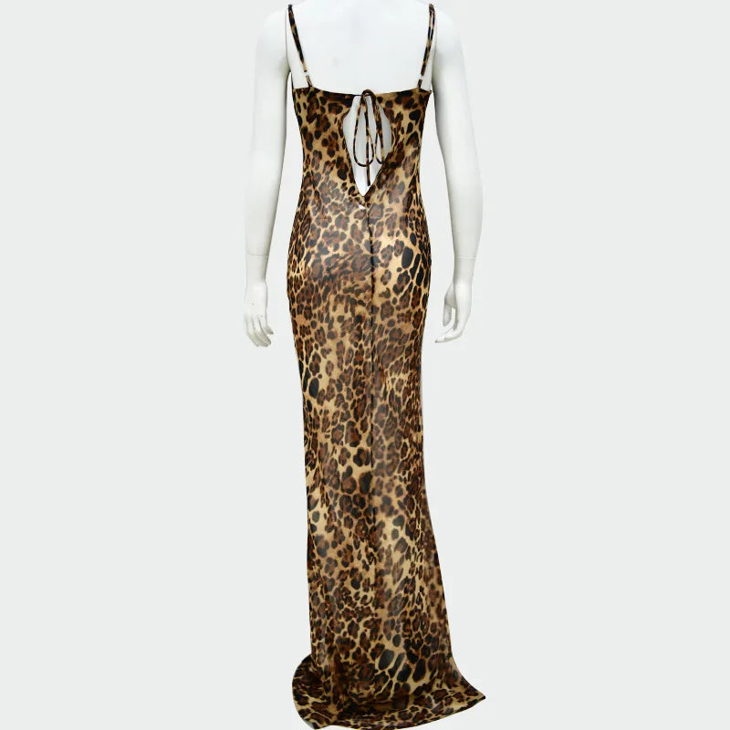 New Leopard Print Sexy See-Through Suspender Dress Fashion Backless Sleeveless Long Dresses High Waist Lace-Up Evening Dress
