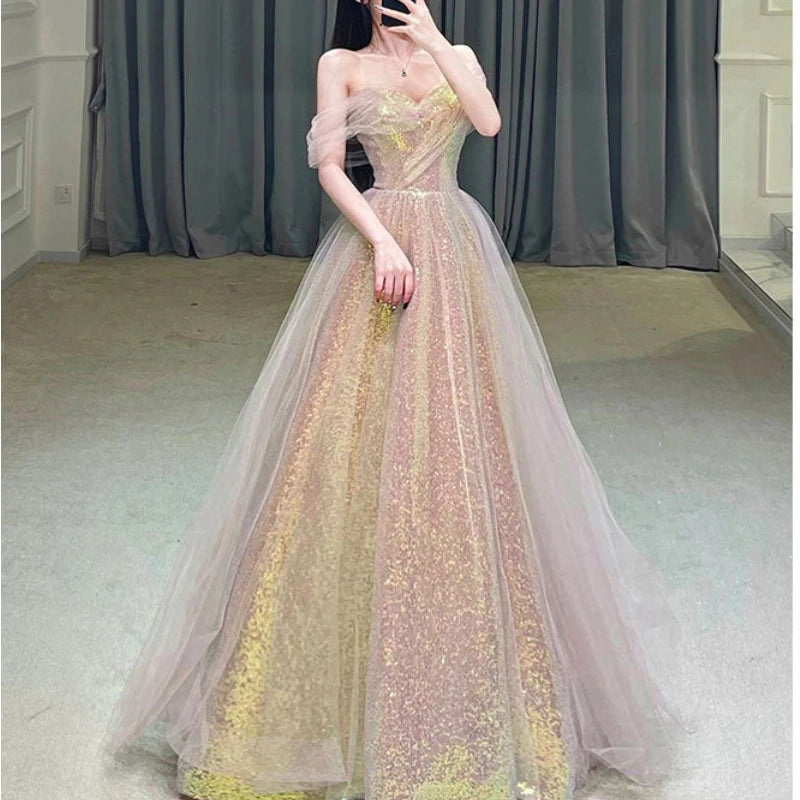 New Mesh High-waisted Slim-fitting Mermaid Toasting Evening Dress Fashionable Temperament One-shoulder Long Party Dresses Women