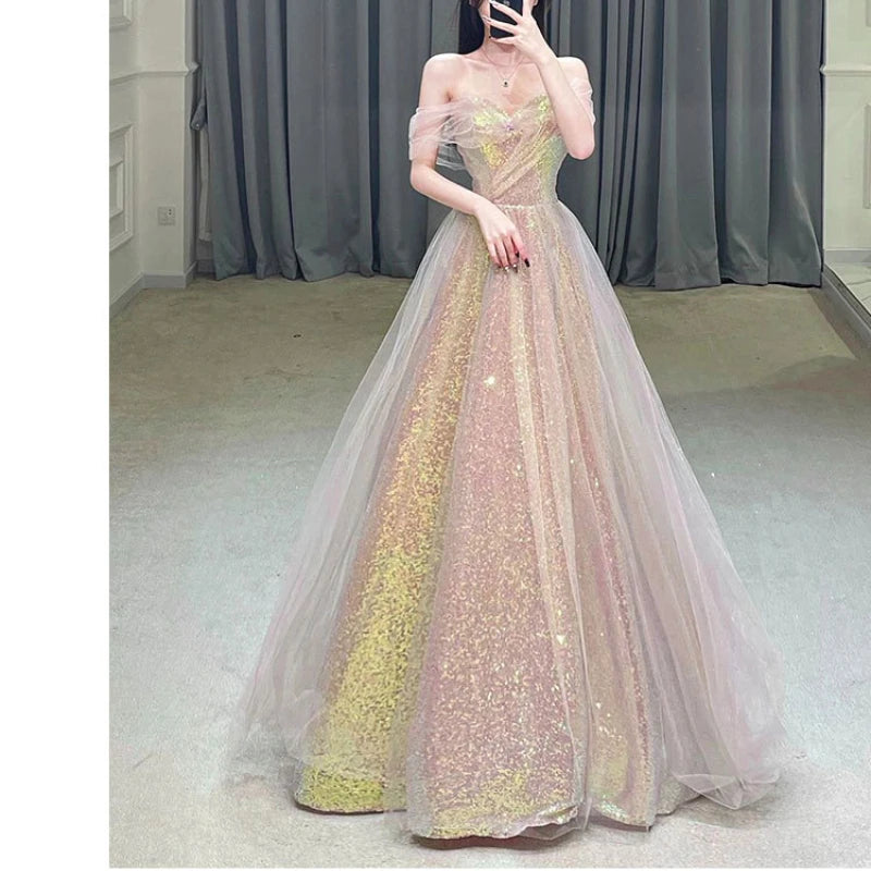 New Mesh High-waisted Slim-fitting Mermaid Toasting Evening Dress Fashionable Temperament One-shoulder Long Party Dresses Women