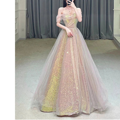 New Mesh High-waisted Slim-fitting Mermaid Toasting Evening Dress Fashionable Temperament One-shoulder Long Party Dresses Women