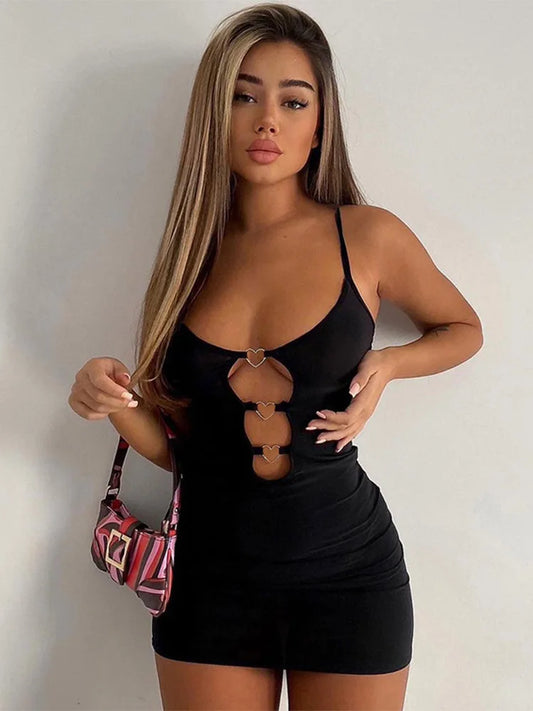 Hollow Love Metal Buckle Solid Sexy Sling Women's Party Mini Cut Out Dress