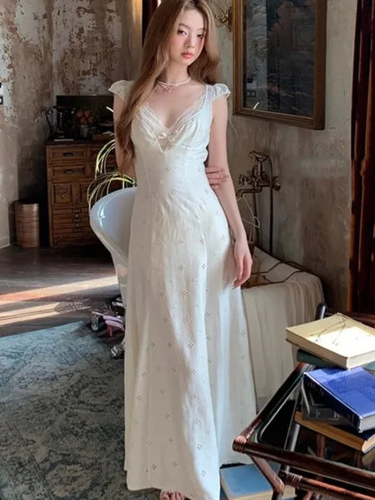 New Summer Hollow Out Midi Dress Women V-neck Vocation French Style White Dress Elegant Casual Korean Fashion Slim Vestidos 2025