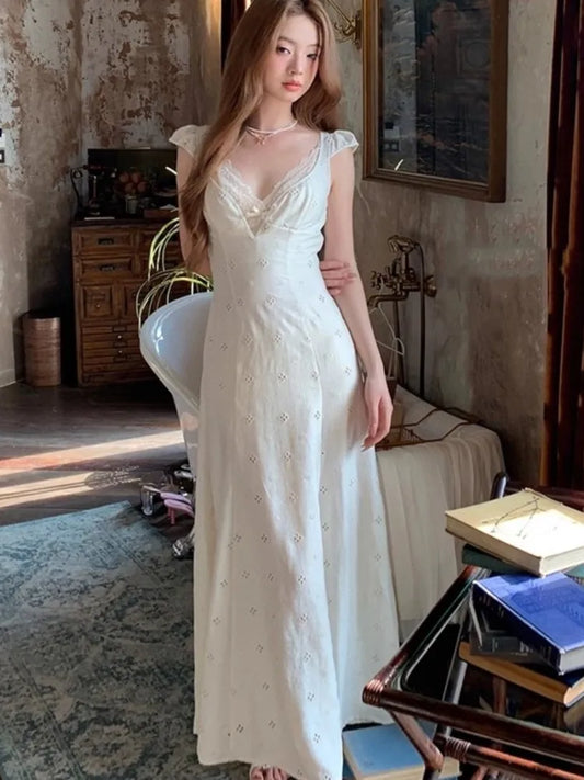 New Summer Hollow Out Midi Dress Women V-neck Vocation French Style White Dress Elegant Casual Korean Fashion Slim Vestidos 2025