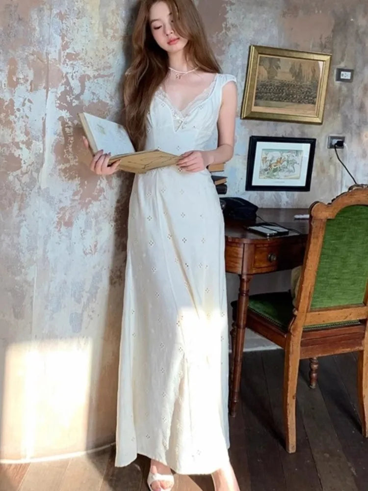 New Summer Hollow Out Midi Dress Women V-neck Vocation French Style White Dress Elegant Casual Korean Fashion Slim Vestidos 2025