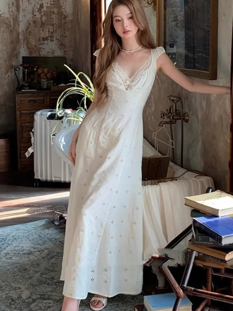 New Summer Hollow Out Midi Dress Women V-neck Vocation French Style White Dress Elegant Casual Korean Fashion Slim Vestidos 2025