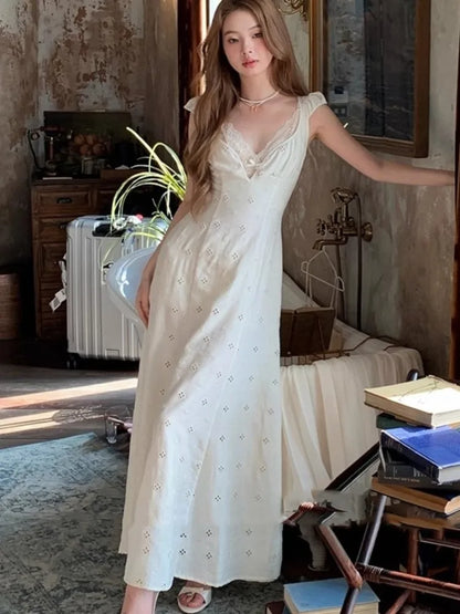 New Summer Hollow Out Midi Dress Women V-neck Vocation French Style White Dress Elegant Casual Korean Fashion Slim Vestidos 2025