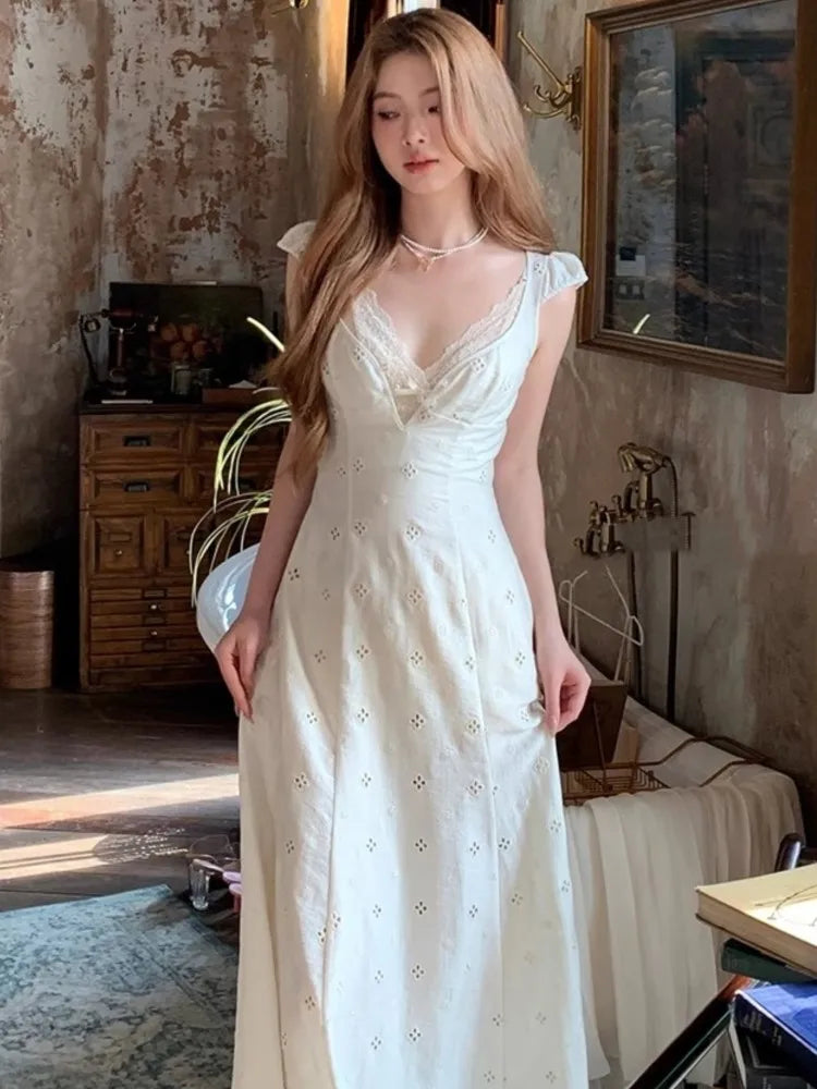 New Summer Hollow Out Midi Dress Women V-neck Vocation French Style White Dress Elegant Casual Korean Fashion Slim Vestidos 2025