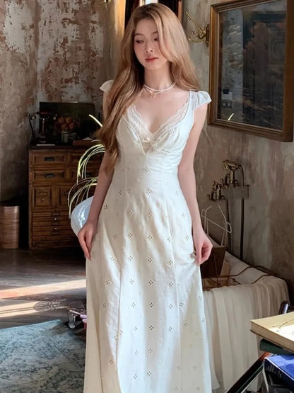 New Summer Hollow Out Midi Dress Women V-neck Vocation French Style White Dress Elegant Casual Korean Fashion Slim Vestidos 2025