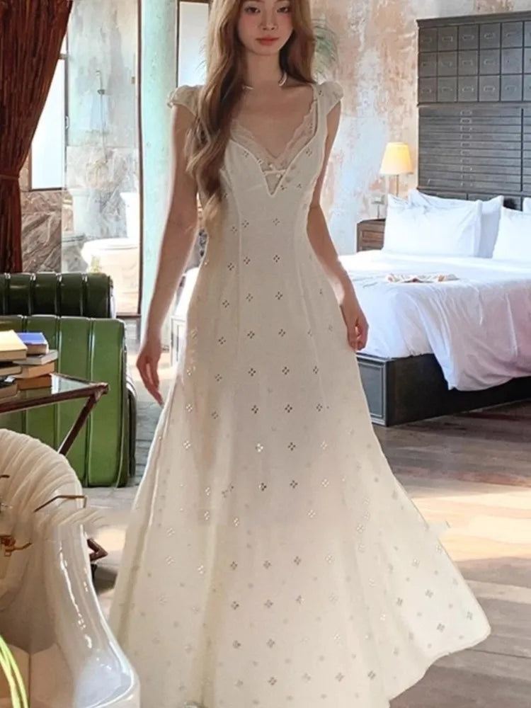 New Summer Hollow Out Midi Dress Women V-neck Vocation French Style White Dress Elegant Casual Korean Fashion Slim Vestidos 2025