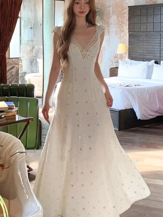 New Summer Hollow Out Midi Dress Women V-neck Vocation French Style White Dress Elegant Casual Korean Fashion Slim Vestidos 2025