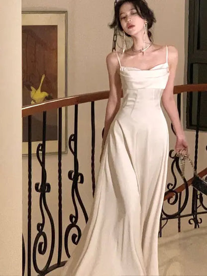 New Summer Satin Midi Dress Women Slim Spaghetti Strap Elegant Party Dresses Wedding Evening Birthday Backless Prom Robe Clothes