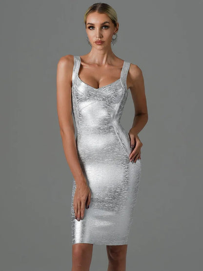 DressBetty - 2024 Summer Sexy Sleeveless Backless Gold Bronzing Midi Bodycon Dress