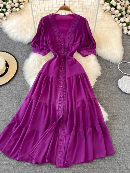 New Women Vintage Party Dress Summer Puff Sleeve Sexy V Neck Lace Single-breasted Long Dresses Ladies A Line Elegant Long Robe