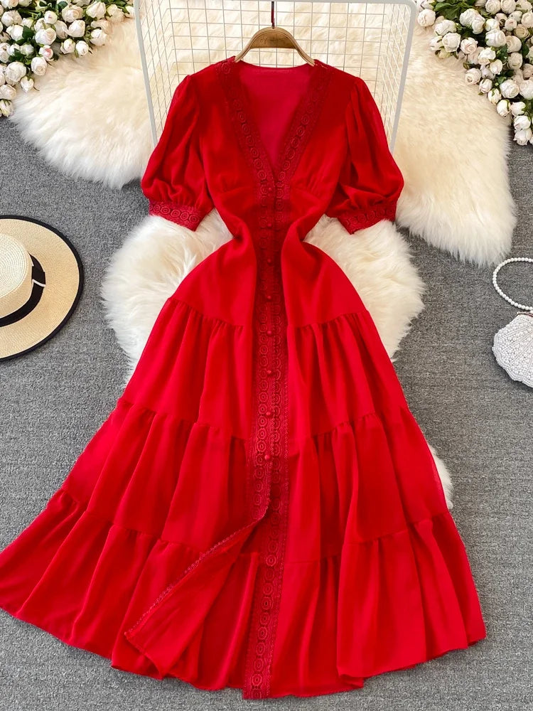 New Women Vintage Party Dress Summer Puff Sleeve Sexy V Neck Lace Single-breasted Long Dresses Ladies A Line Elegant Long Robe